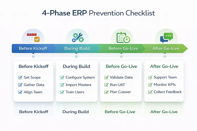 Four-phase ERP implementation prevention checklist covering before kickoff, during build, before go-live, and after go-live stages